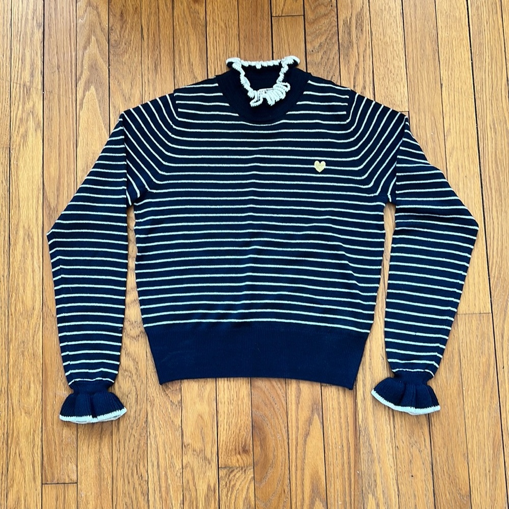 H&M Dark Blue Striped Sweater with yellow heart.